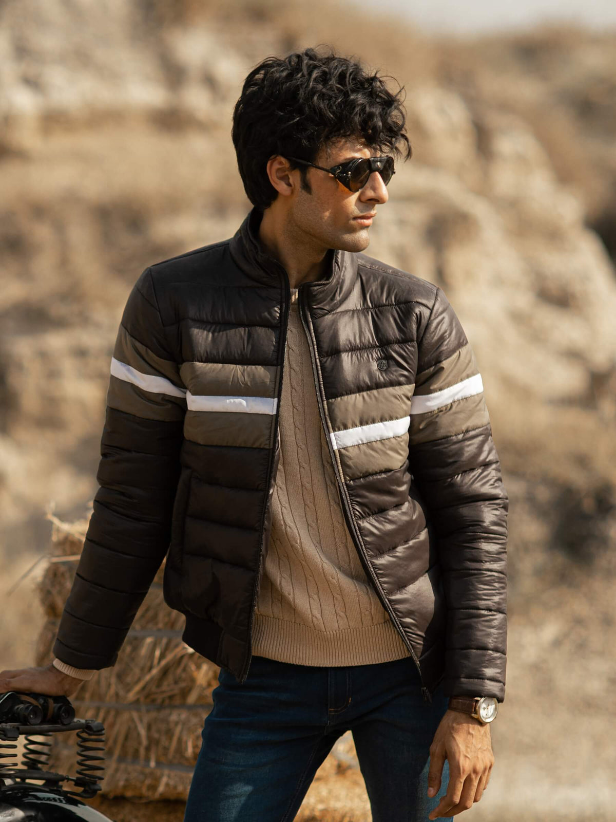 Brumano Pret Solids Polyester 1 Piece Grey & Black Wool Checkered Bomber Jacket main image 1