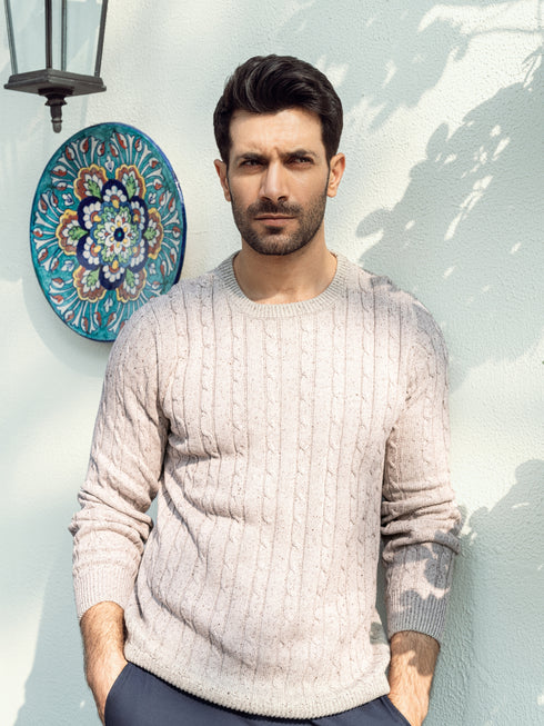 Beige Neppy Cable Knitted Crew Neck Jumper Brumano Pakistan