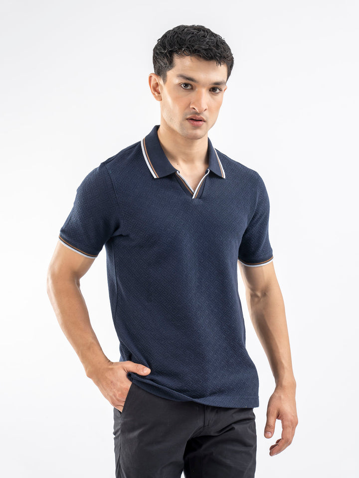 Navy Blue Jacquard Structured Tipped V-Neck Polo