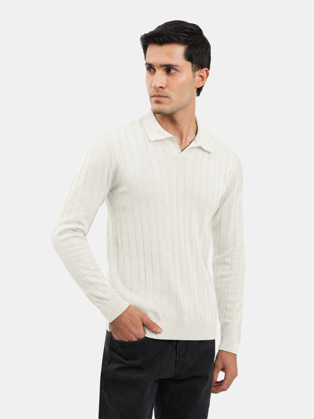 Vanilla Drop Needle Full Sleeve Flat Knit Polo