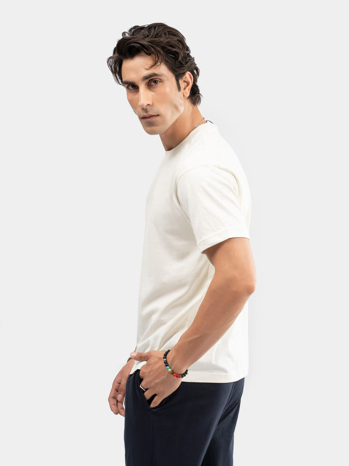 Side view of men's regular fit vanilla t-shirt