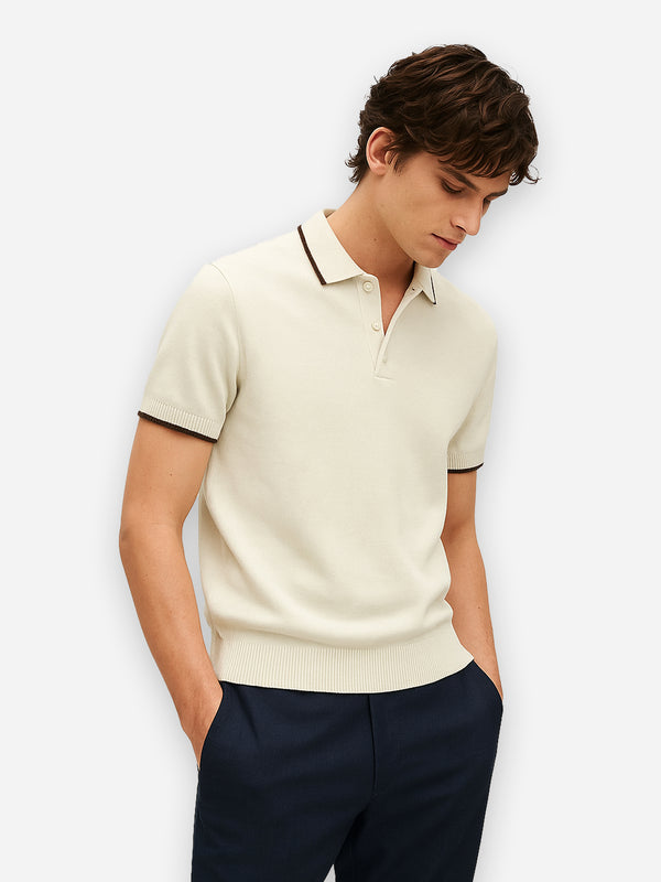 Vanilla Flat Knit Polo With Tipped Collar