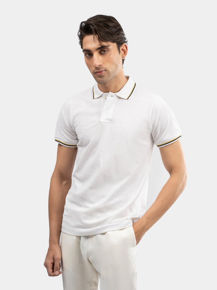 White Multicolor Tipped Collar Pique Polo