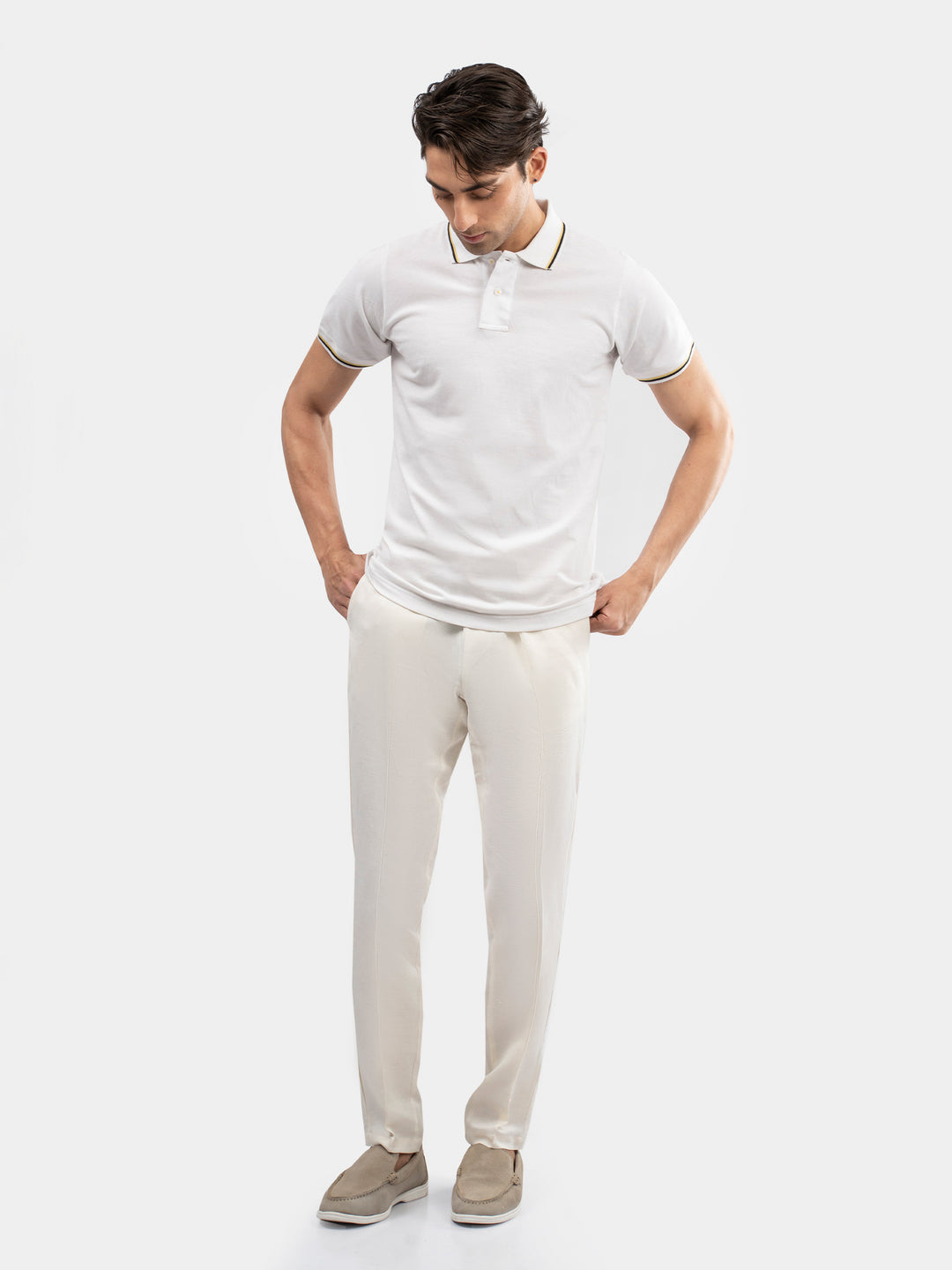 White Multicolor Tipped Collar Pique Polo