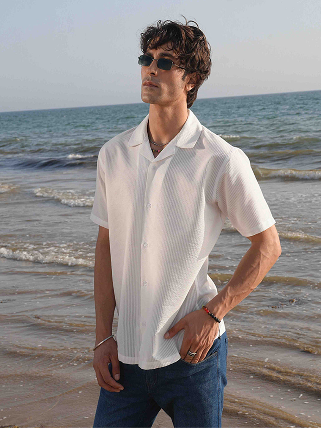 White Striped Seersucker Cuban Shirt