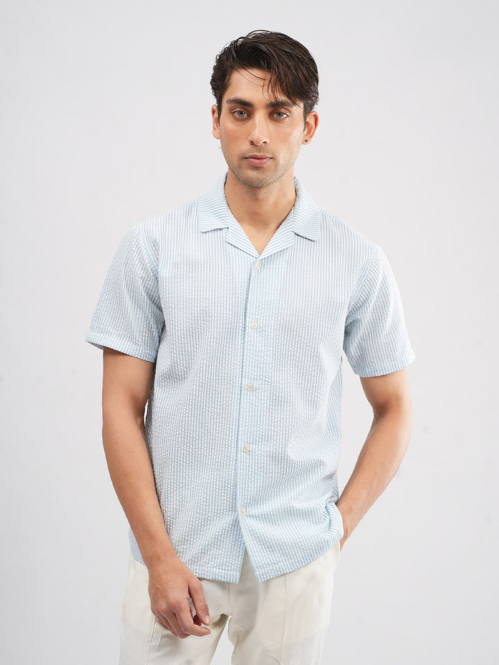 Men's white and blue striped seersucker shirt front view