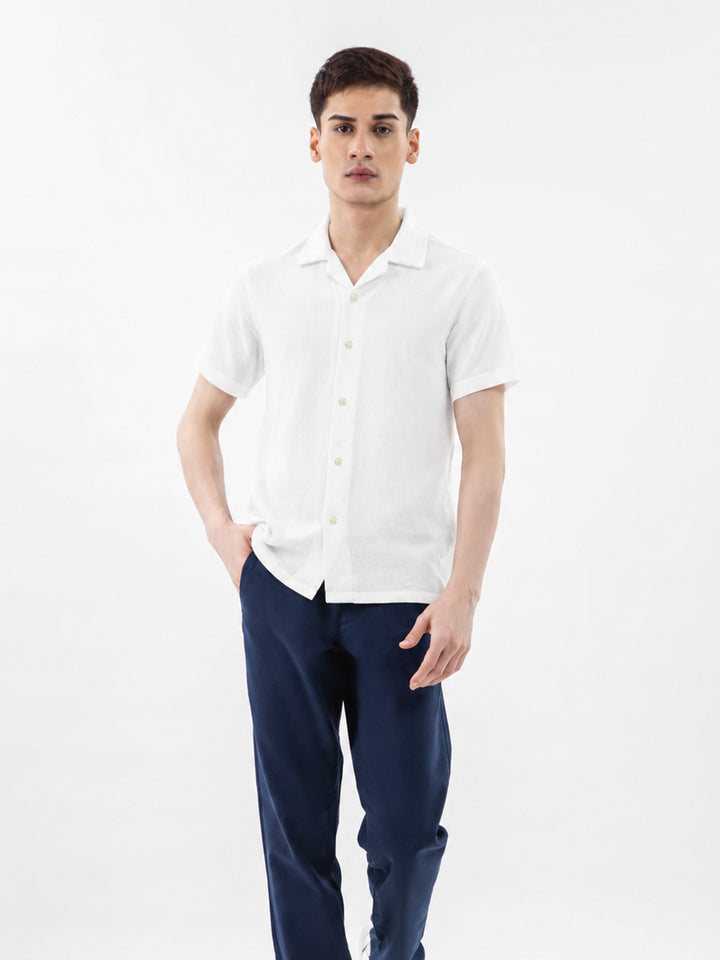 White Linen Half Sleeve Cuban Collar Shirt