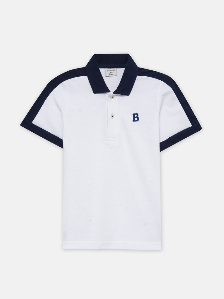 White & Navy Blue Raglan Sleeve Polo - Junior