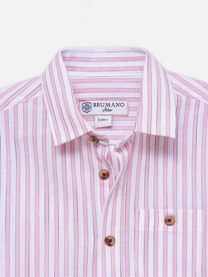 White & Pink Striped Half Sleeve Shirt - Junior