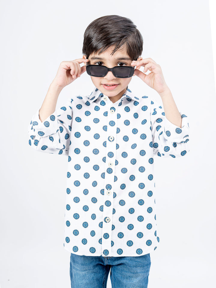White Bold Motif Printed Casual Shirt