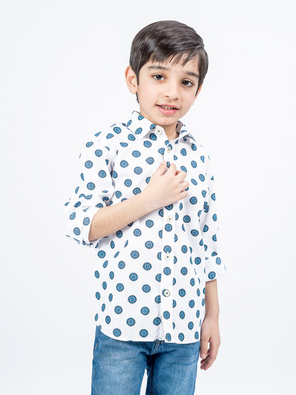 White Bold Motif Printed Casual Shirt