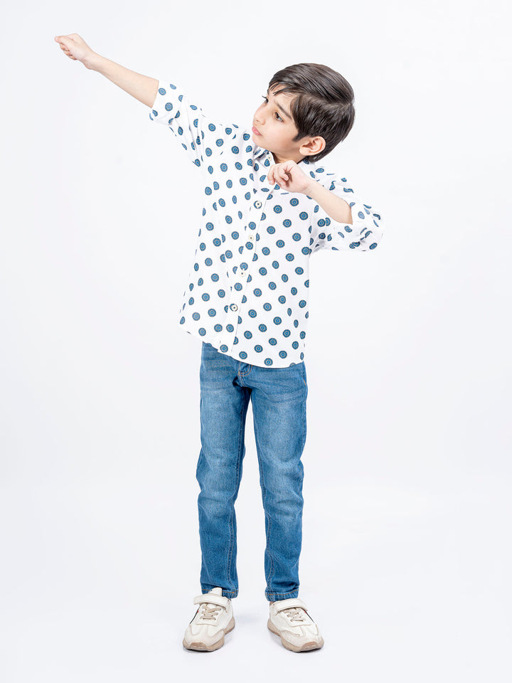 White Bold Motif Printed Casual Shirt