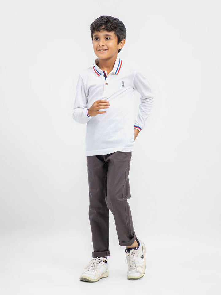 White Contrasting Tipped Long Sleeve Pique Polo Brumano Pakistan