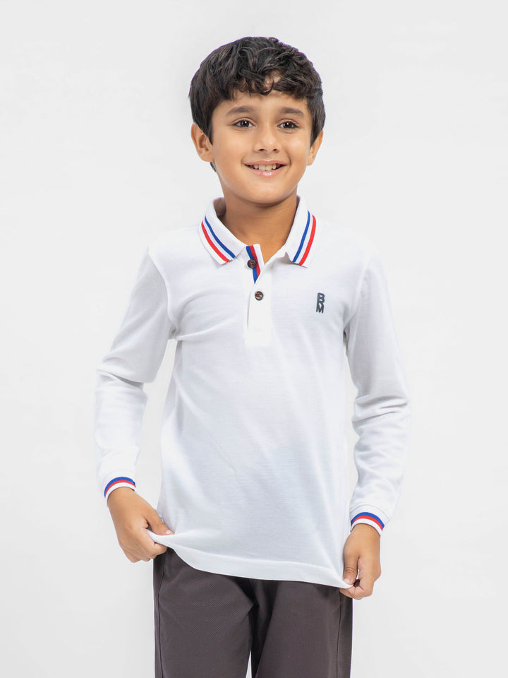 White Contrasting Tipped Long Sleeve Pique Polo Brumano Pakistan