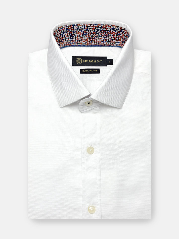 White Dobby Structured Shirt With Printed Collar