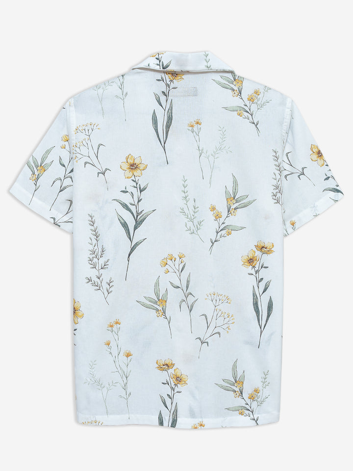 White Floral Printed Cuban Collar Shirt Brumano Pakistan