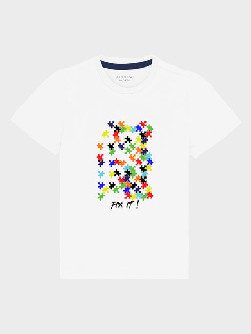 White Graphic Printed 'Puzzle' Casual Tee Brumano Pakistan