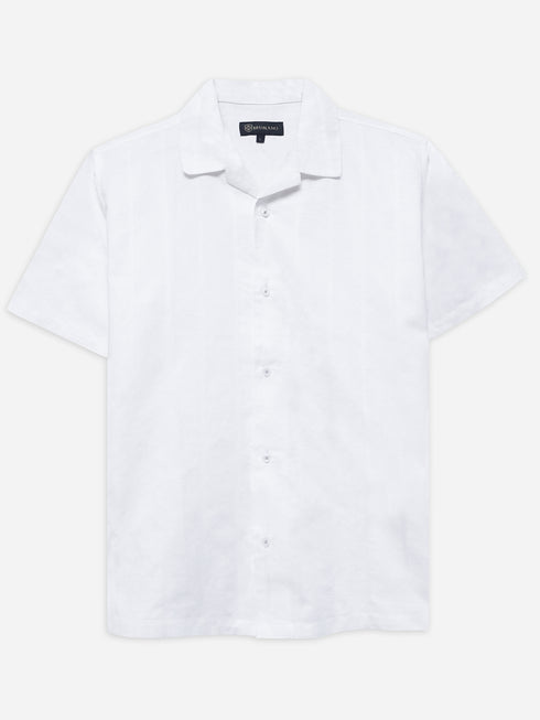White Linen Blended Cuban Collar Shirt