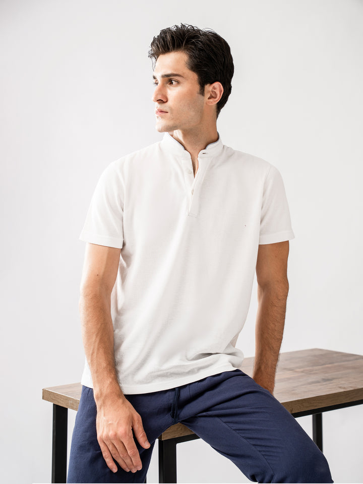 White Mao Collar Pique Polo