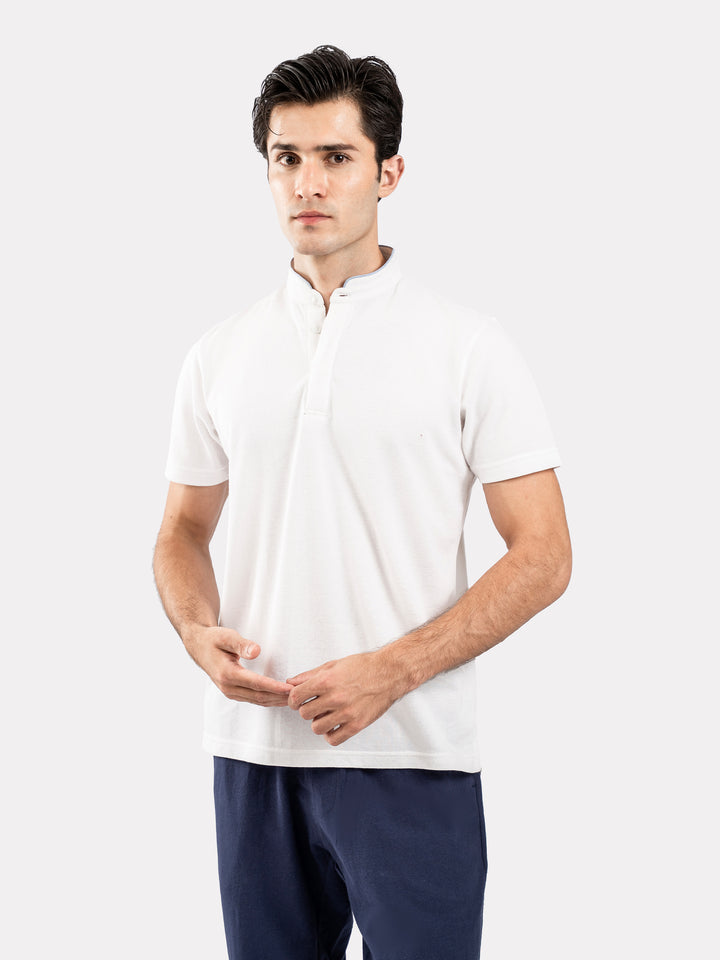 White Mao Collar Pique Polo
