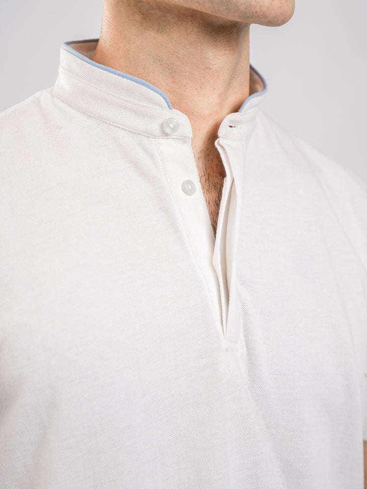 White Mao Collar Pique Polo