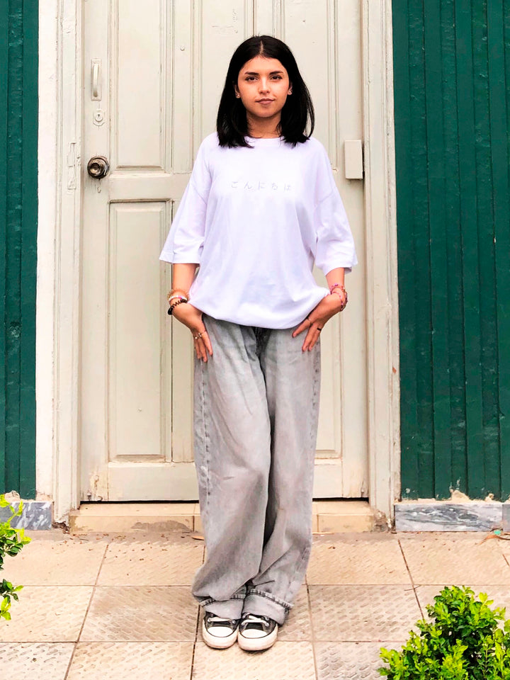 White Oversized T-Shirt With Minimalist 'Hello' Embroidery - Women