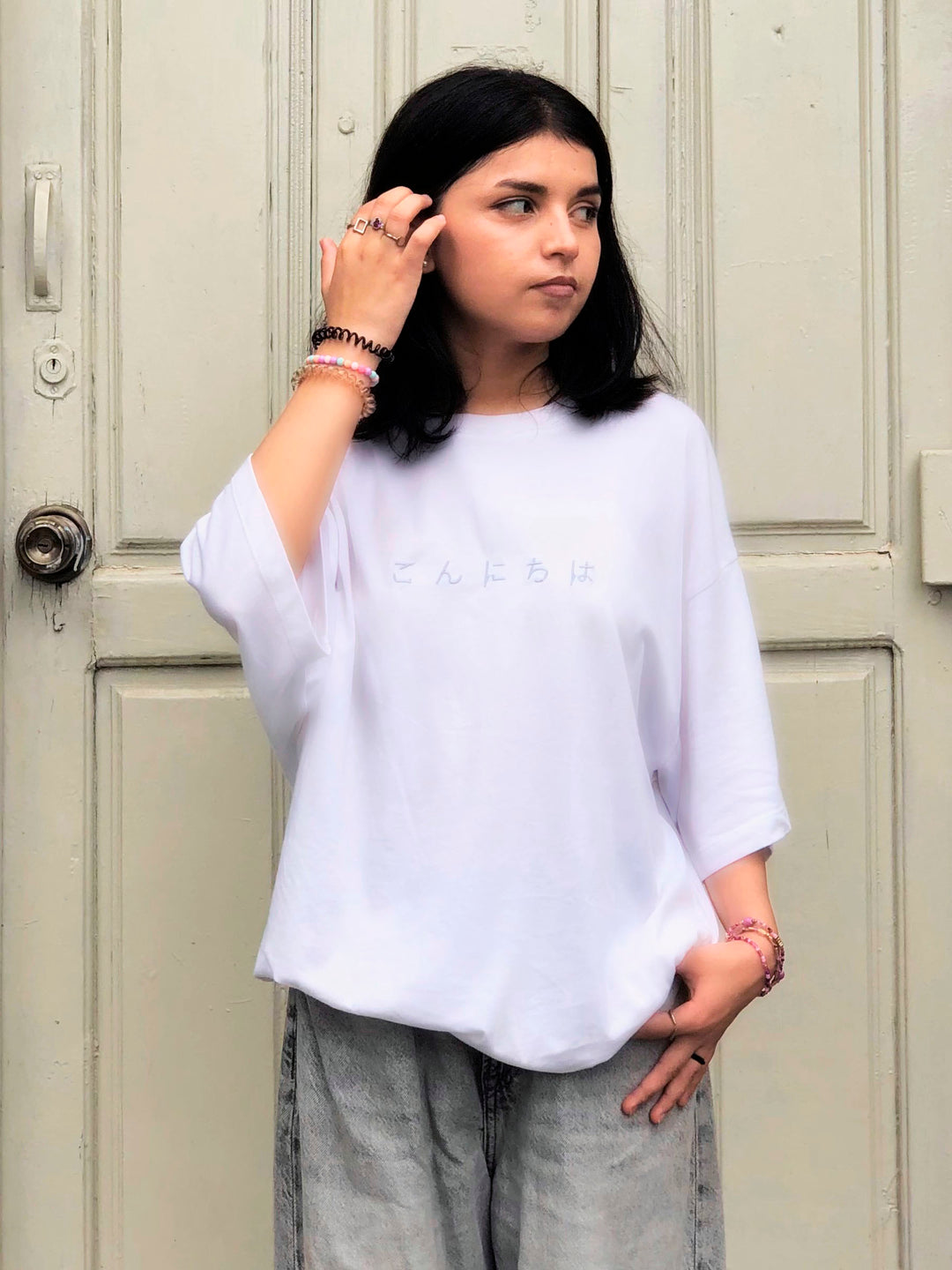 White Oversized T-Shirt With Minimalist 'Hello' Embroidery - Women