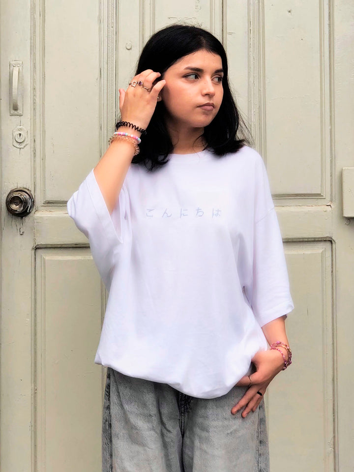 White Oversized T-Shirt With Minimalist 'Hello' Embroidery - Women