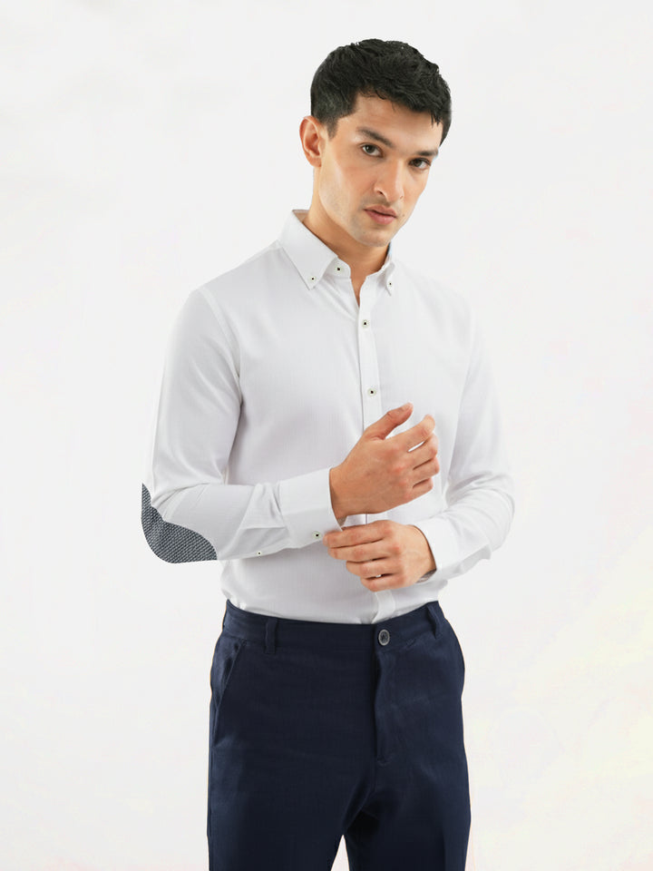 White Oxford Button Down Shirt With Structured Elbow Patch