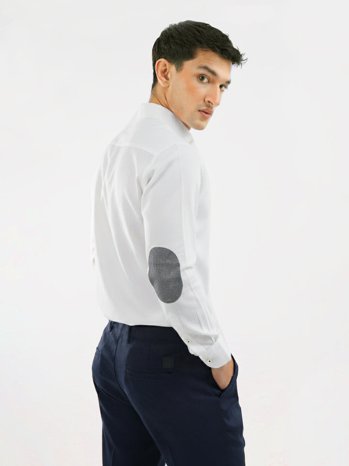 White Oxford Button Down Shirt With Structured Elbow Patch