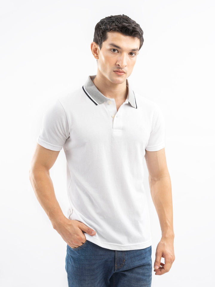 White Pique Polo With Grey Tipped Collar
