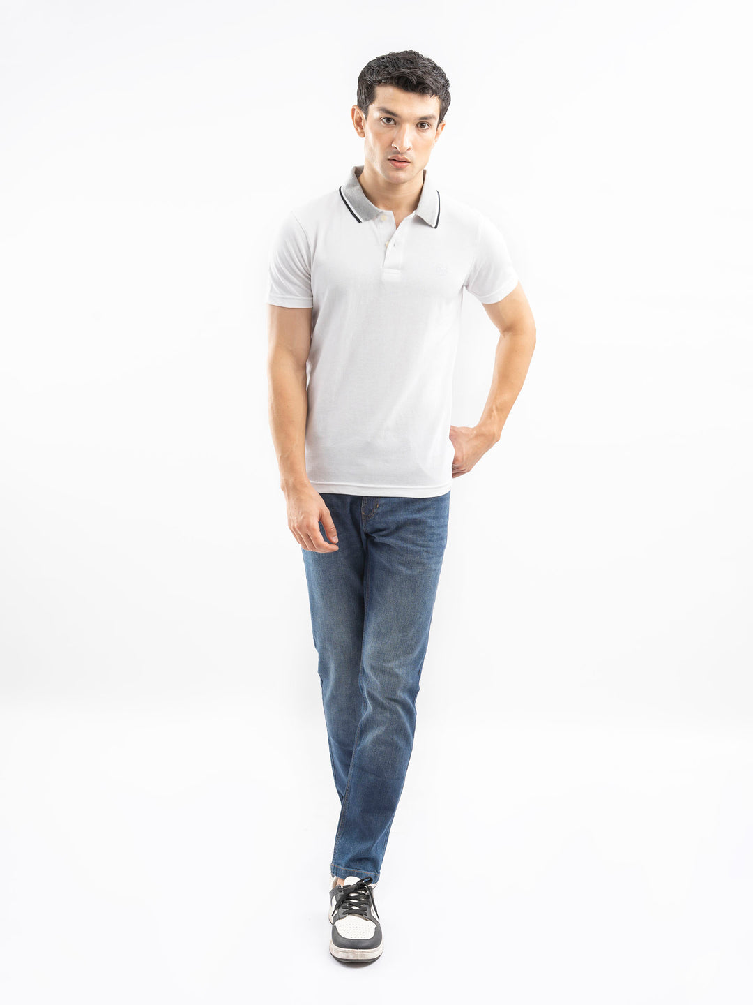 White Pique Polo With Grey Tipped Collar