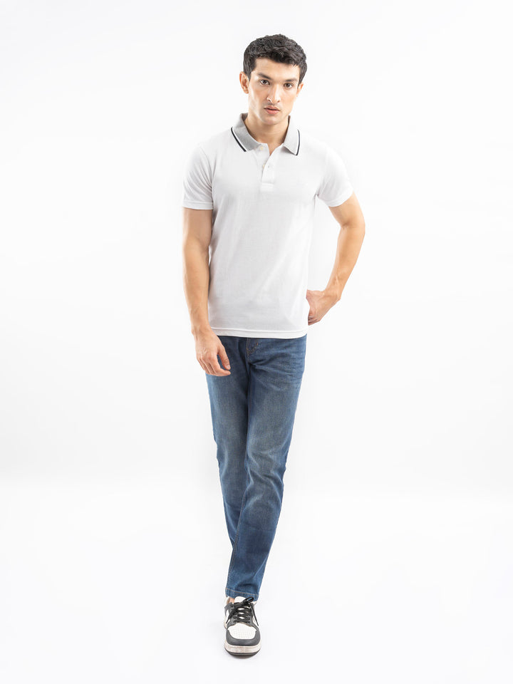 White Pique Polo With Grey Tipped Collar