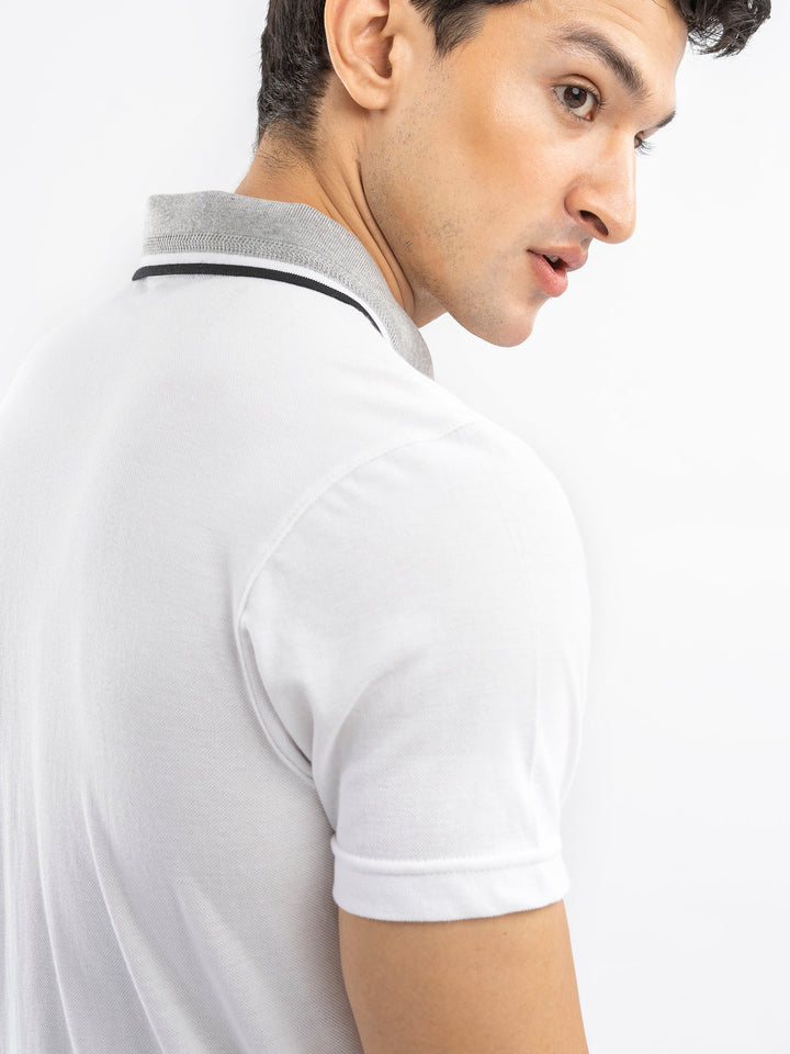 White Pique Polo With Grey Tipped Collar