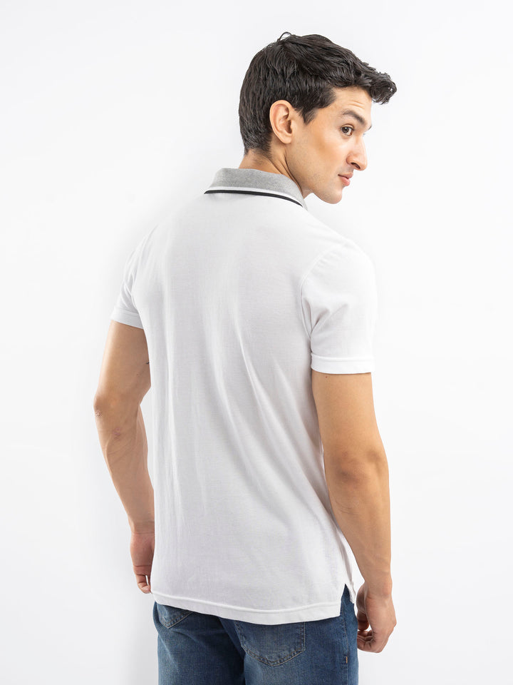 White Pique Polo With Grey Tipped Collar