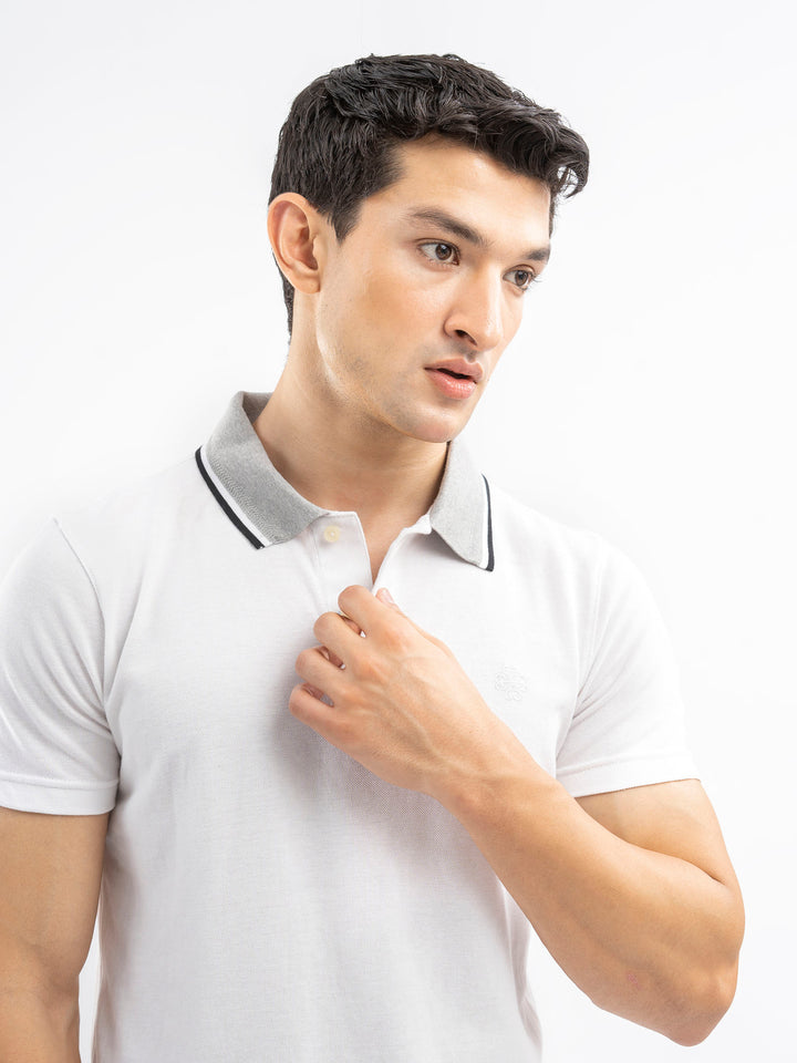 White Pique Polo With Grey Tipped Collar