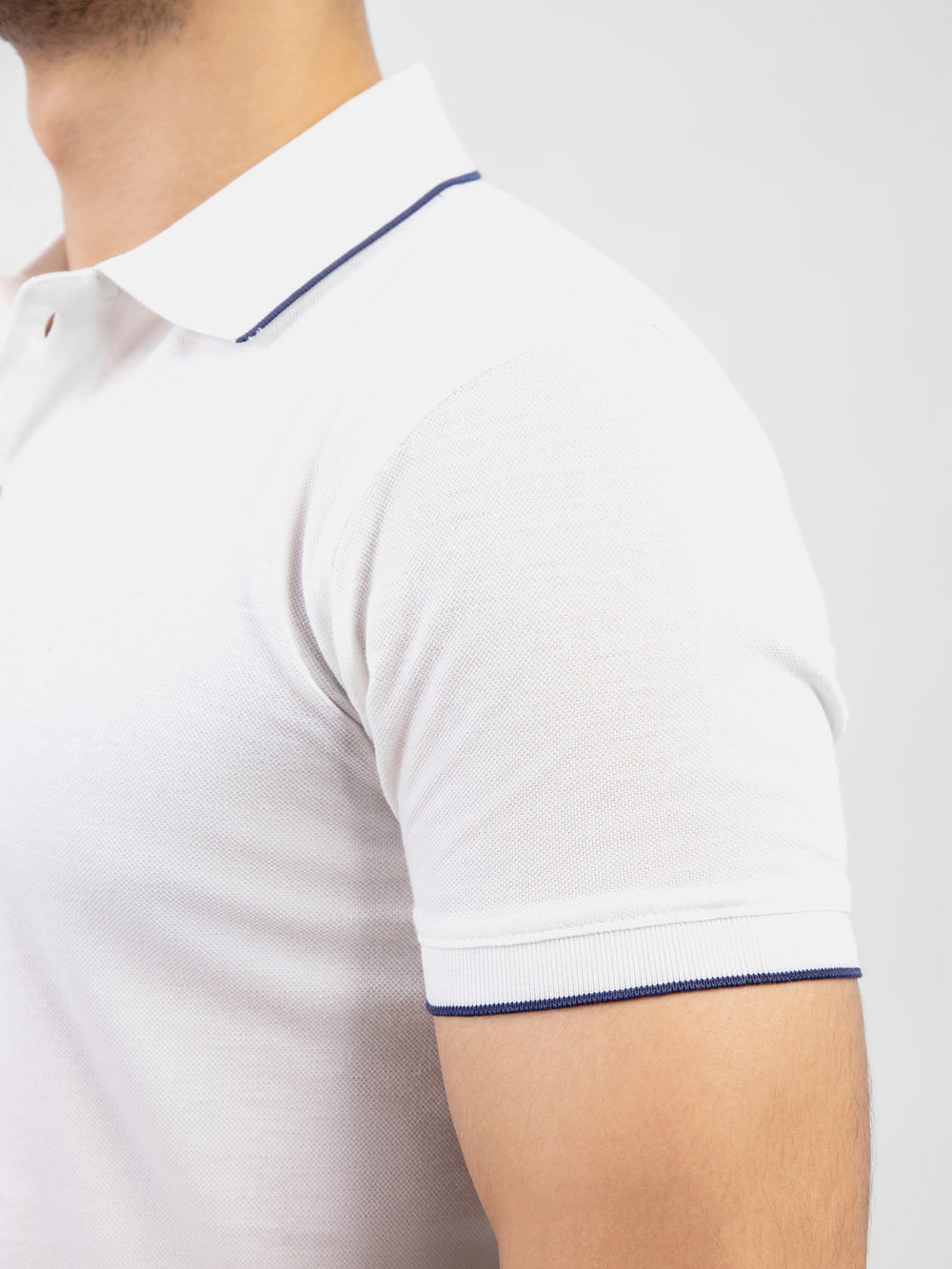 White pique polo with navy blue tipped collar brumano pakistan