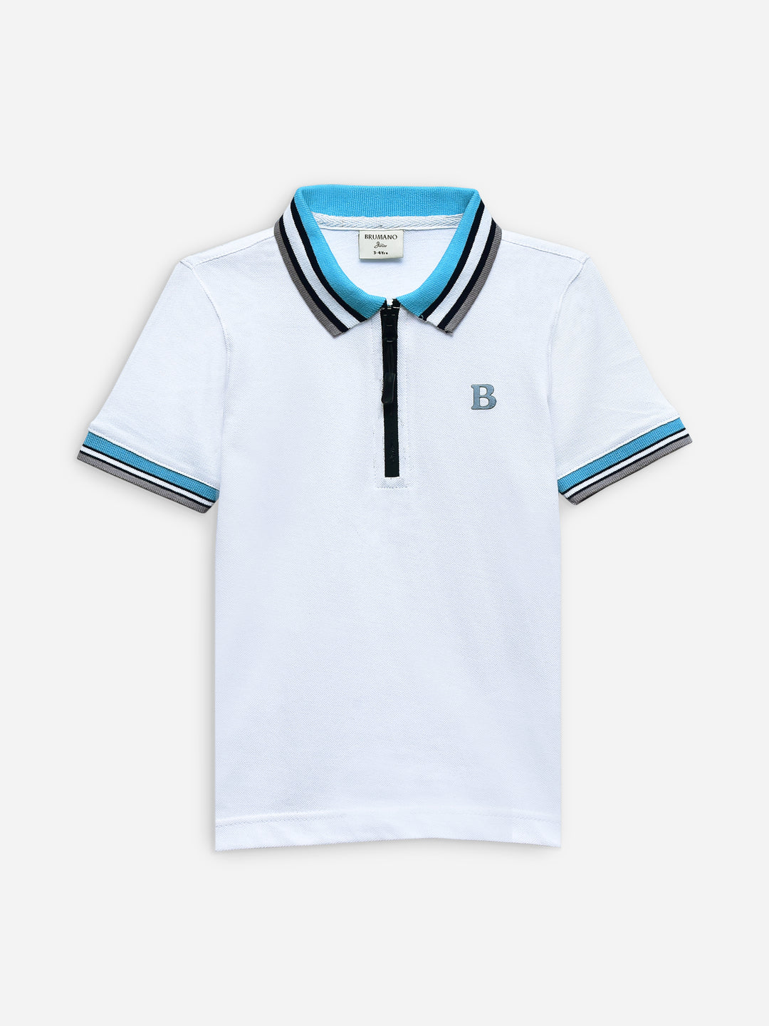 White Pique Zipper Polo With Contrasting Collar
