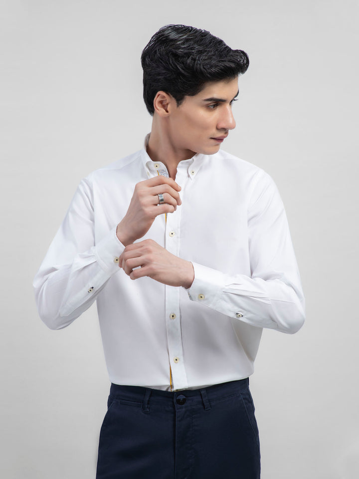 White Poplin Button Down Shirt With Detailing Brumano Pakistan