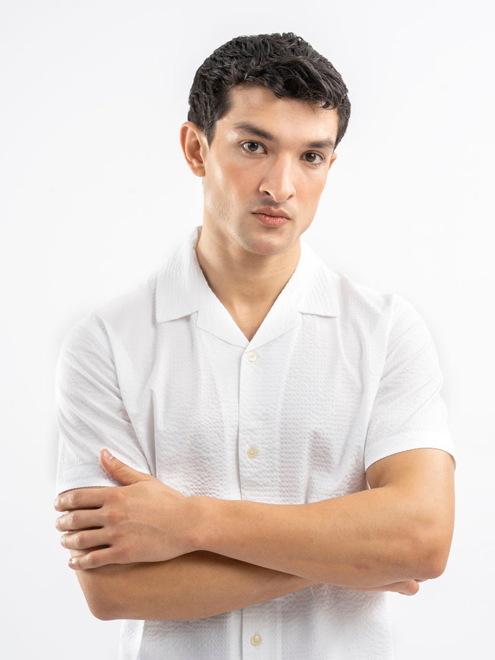 White Seersucker Light Weight Cuban Collar Shirt