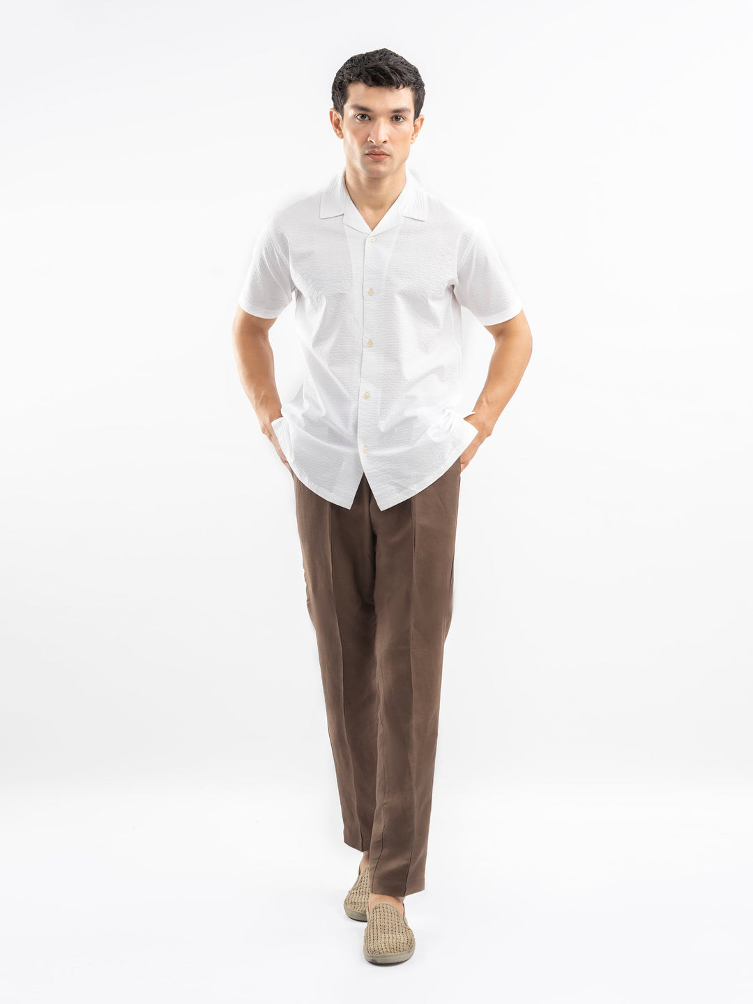White Seersucker Light Weight Cuban Collar Shirt