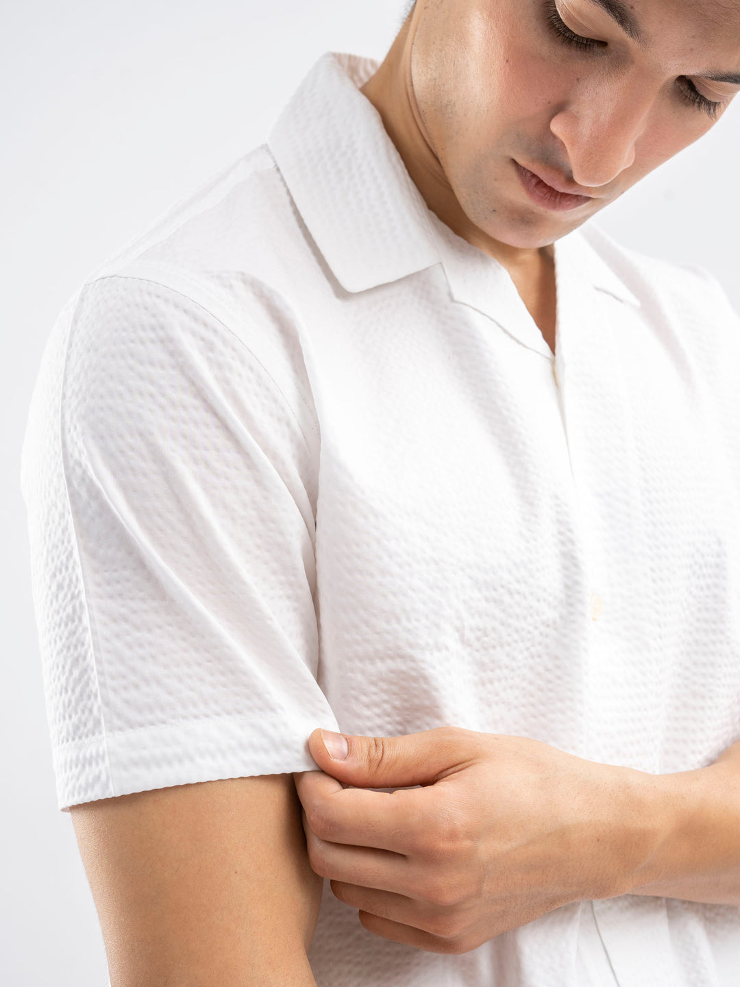 White Seersucker Light Weight Cuban Collar Shirt