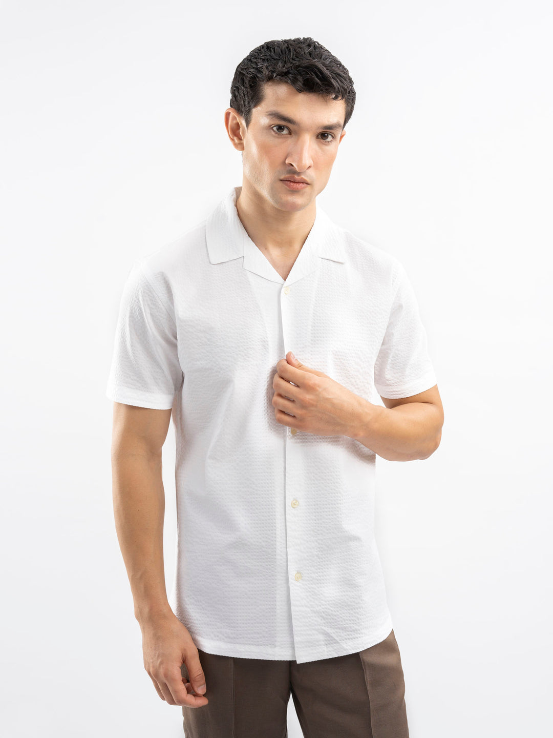 White Seersucker Light Weight Cuban Collar Shirt