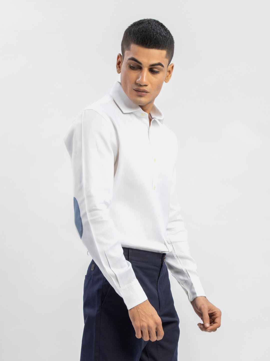 White Structured Shirt With Blue Elbow Patch Brumano Pakistan
