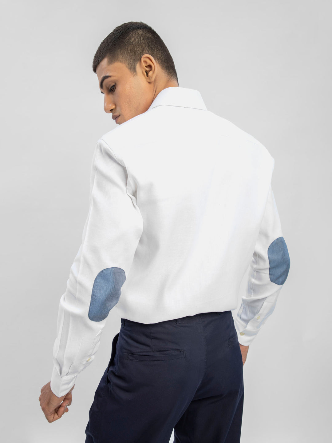 White Structured Shirt With Blue Elbow Patch Brumano Pakistan