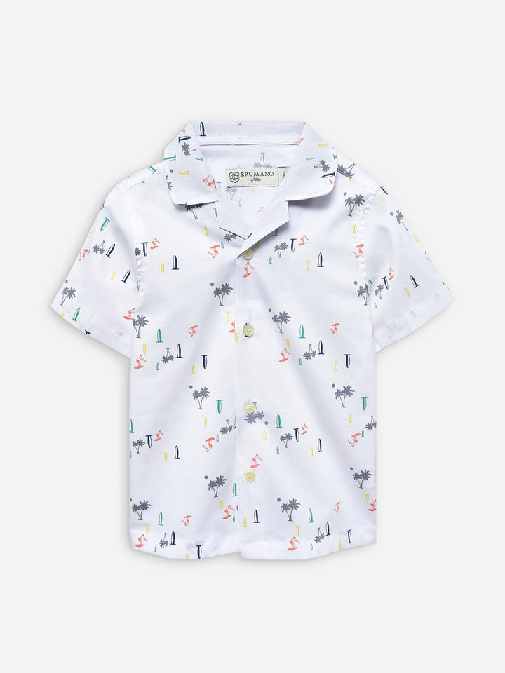 White Tropical Printed Cuban Collar Half Sleeve Shirt
