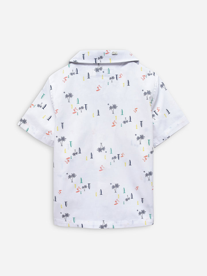 White Tropical Printed Cuban Collar Half Sleeve Shirt