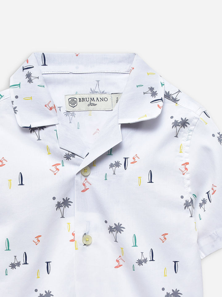 White Tropical Printed Cuban Collar Half Sleeve Shirt