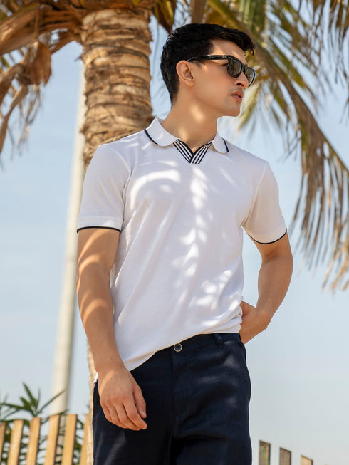 White V-Placket Polo With Tipped Collar