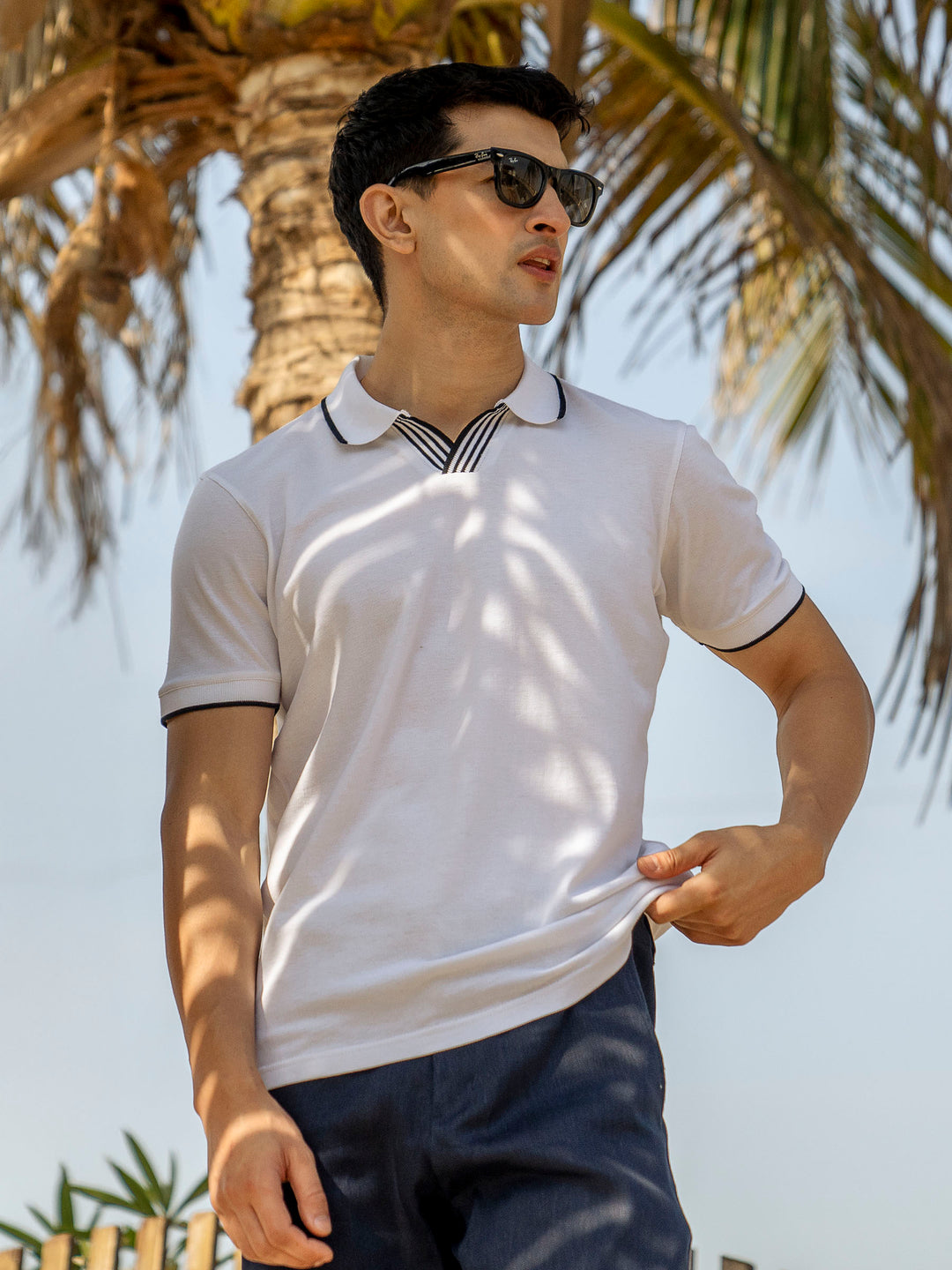 White V-Placket Polo With Tipped Collar